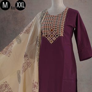 Burgundy Wine Premium Cotton Embroidered Kurta Palazzo Hand-block Dupatta Casual Party set Indian Ethnic Festive Wear Women Kurta Pakistani