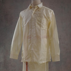 Chemise semi-soie en relief pour hommes de l&#39;Inde du Sud, ensemble velcro Vaeshti, tenue de cérémonie ethnique pour homme, cuivre, Zari Pattu Vesti, tenue de mariage pour le marié
