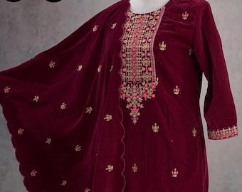 Magenta Red Velvet  Embroidered Kurta Palazzo Dupatta | Indian Ethnic Women Wear | Thick Festive Embroidered Kurti | Bollywood Formals