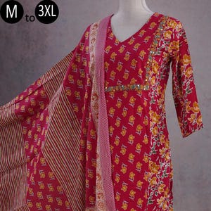 Pure Cotton Red Ethnic Floral Jaipuri Print Kurta Palazzo Mul Cotton Dupatta set Indian Ethnic Woman Summer Wear Women Kurta Pakistani suit