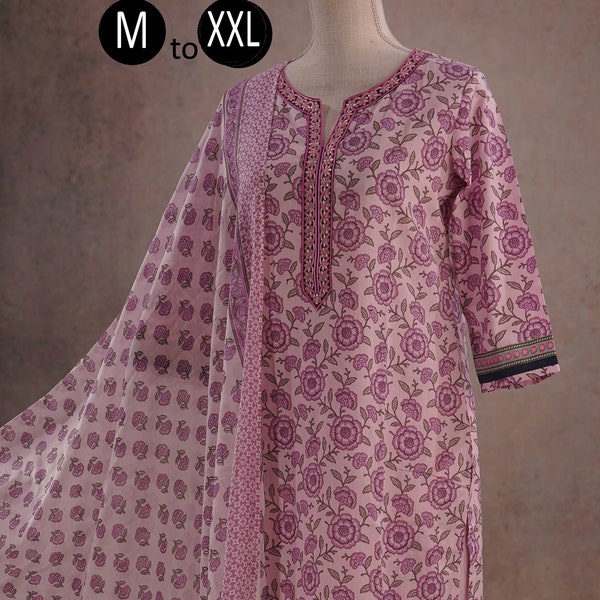 Pure Cotton Pink Floral Ethnic Print Kurta Pants Dupatta | Indian Ethnic Wear | Summer Women Kurta | Bollywood dress | Pakistani suit women