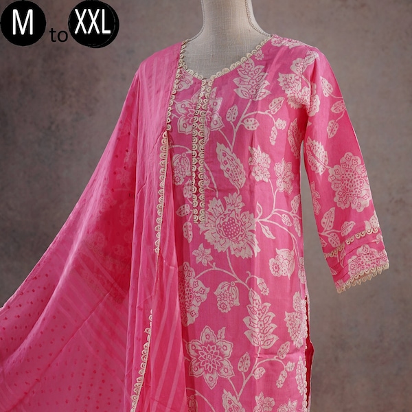 Cotton Candy Pink Floral Pure Muslin Silk Kurti Palazzo Dupatta Indian Ethnic Women Festive Party Wear | Designer Silk | Wedding Dress Kurta