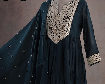 Naira Pure Mul Cotton Peacock Teal Kurthi Faux Mirror Kurti Palazzo Dupatta For Women Casual Wear Girls Designer Flared Kurthi without Slit