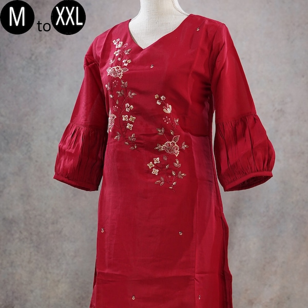 Ensemble coordonné court rouge en soie romaine brodée Kurti Palazzo | Vêtements de fête pour femmes ethniques indiennes | Kurti en soie | Robe de mariée Kurta