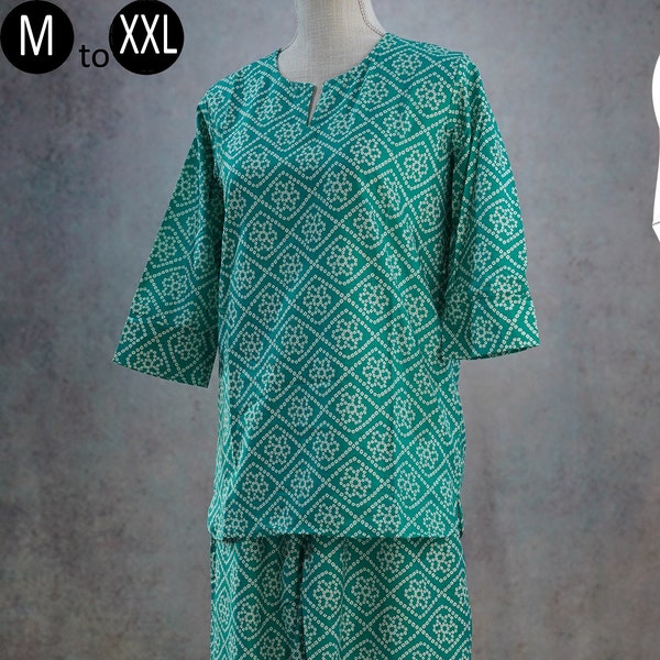 Cotton Night Suit Green Bandhini Ethnic Print Kurti Pants, Indian print Loungewear, casual home wear, Indo Western woman Fusion Kurta Lounge