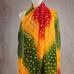 Bandhini Yellow Red Green Multi-colored Dupatta, Woven Silk Scarf, Woven Shawl, Gold Zari Dhupatta, Neck Scarf Shawl, Gift for Her