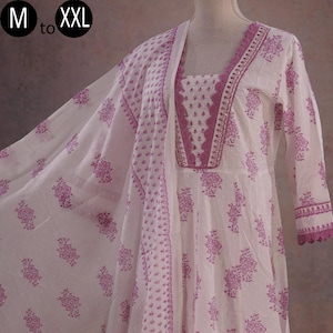 Anarkali Off-white Floral Pure Cotton Light Purple Print Kurta Palazzo Dupatta India Ethnic Women Festive Party Wear Kurti Wedding Kurta