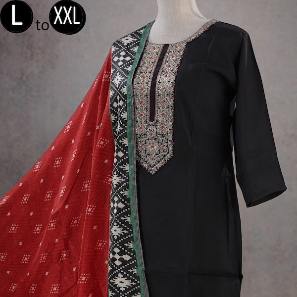 Black Roman Silk Embroidered Kurti Palazzo Maheswari Dupatta set | Indian Ethnic Women Festive Party Wear | Silk Kurti | Wedding Dress Kurta