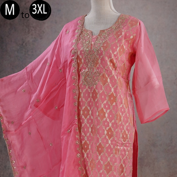 Organza Jacquard Rose Pink Gold-embroidered Zari Weaving Kurti Palazzo Dupatta | Indian Women Festive Party Wear Kurti Wedding Dress Kurta