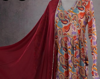 Naira Pure Chinon Floral Print Flared Print Kurti Palazzo Dupatta with Slits Indian Festive Formal Women Party Designer Kurthi | Naira Dress