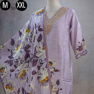 Pure Muslin Lavender Floral Silk Kurti Palazzo Dupatta set |Indian Ethnic Women Festive Party Wear Designer Silk Kurti | Wedding Dress Kurta