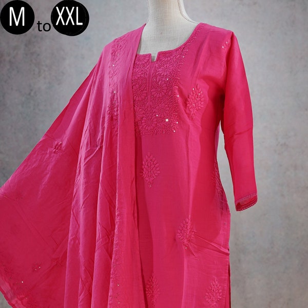 Pure Mul Cotton Bright Pink Chikankari Embroidery Kurta Palazzo Dupatta Summer Party set | Indian Ethnic Summer Wear Women Kurta Pakistani