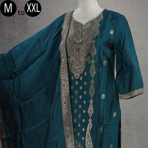 Peacock Blue Uppada Silk Gold weaving Embroidery Kurti Palazzo Dupatta set | Indian Ethnic Women Festive Party Wear Silk Wedding Dress Kurta