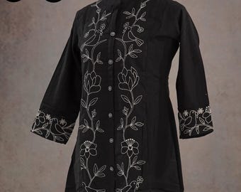 Black Cotton Flex Closed collared White Embroidered Kurta Palazzo set Indian Ethnic Summer Wear | Women Kurta Casual Girls Indian Pakistani