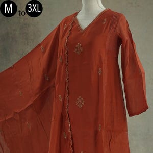 Mul Chanderi A-Line Rust Orange Embroidered Festive Kurti Palazzo Dupatta Indian Ethnic Women Festive Party Kurta Wedding Bollywood