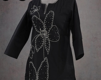 Conjunto de kurta palazzo con bordado de estilo indio y algodón slub negro, ropa informal étnica india de verano para mujer, kurta informal para niña, estilo indio pakistaní