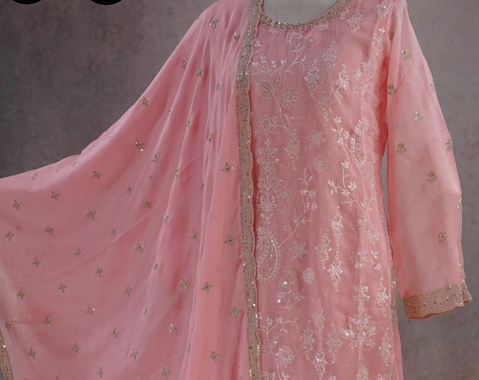 Babyhug Woven Three Fourth Sleeves Chanderi Embroidered Kurti Palazzo Set With Dupatta - Pink