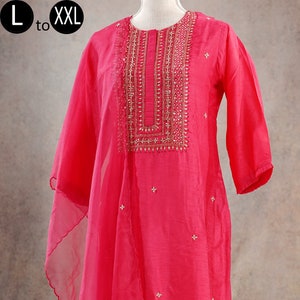 Silk Hot Pink Kurta Palazzo Organza Digital Print Dupatta set | Indian Ethnic Women Festive Party Wear | Pakistani Wedding Dress Kurti