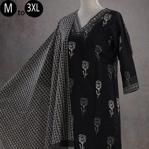 Pure Cotton Black V Neck Ethnic Jaipuri Print Kurta Afghan Palazzo Dupatta set | Casual Indian Ethnic Summer Wear Women Kurta Pakistani suit