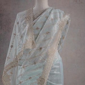 Light Blue Net Shimmer Saree with Gold embroidery Work Blouse fabric Indian Bridal Bridesmaid Festive Shimmer Saree Bollywood Party Sari