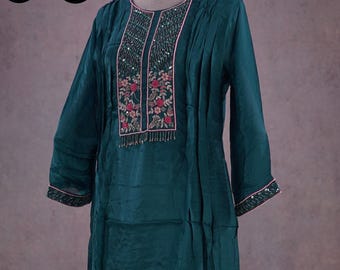 Peacock Blue Pure Chinon Silk Embroidered Coords Kurta Palazzo Party Wear Indian Ethnic Wear Kurta Casual Girls Pakistani Wedding women