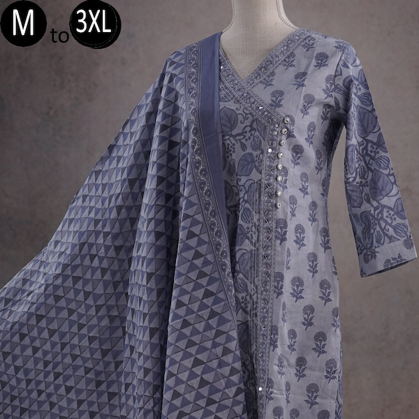 Pure Cotton Steel Blue Ethnic Angrakha Jaipuri Print Kurta Palazzo Mul Cotton Dupatta Indian Ethnic Summer Wear Women Kurta Pakistani suit