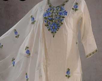 Pur coton Dobby blanc cassé bleu brodé Kurti Palazzo Dupatta ensemble femmes ethniques indiennes tenues de fête décontractée Kurti robe de travail Kurta