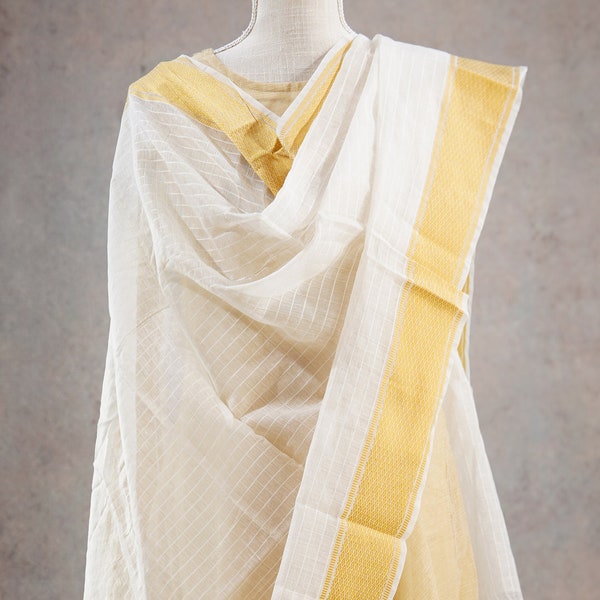 Cotton Chanderi White Gold Borders Checked Tasseled Dupatta, Silk Scarf, Woven Shawl, Gold Zari Dhupatta, Neck Scarf Shawl, Gift for Her