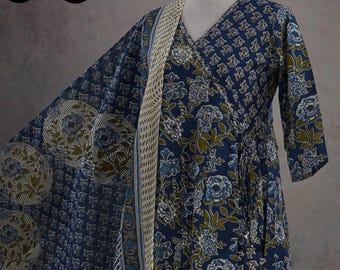 Dark Blue Pure Cotton Anarkali Kurti Palazzo Dupatta Set For Women Angrakha Style Jaipuri Print Embroidered Indian Ethnic Bollywood Kurta