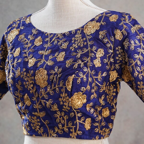 Navy Blue Embroidered Saree Blouse | Back-open Readymade Blouse | Princess cut Indo Western Blouse | Indian Crop Top| | Ethnic Crop Top