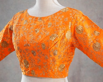 Yellow Orange Embroidered Saree Blouse | Back-open Readymade Blouse | Princess cut Indo Western Blouse | Indian Crop Top| | Ethnic Crop Top