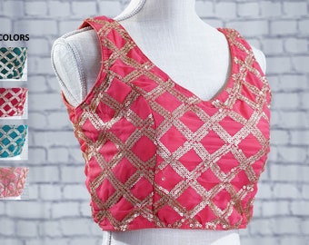 Georgette Sequins ready-made Sari blouse Sleeves Available, Back open Indian Wedding blouse, Saree Blouse, Bollywood, Embroidered Blouse