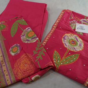 Salwar de algodón puro para mujer, conjunto de kurti de algodón, Rani, rosa, Kantha, bordado floral, informal, Salwar para niñas, ropa de verano india, conjunto de kurti palazzo imagen 5