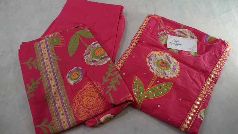 Salwar de algodón puro para mujer, conjunto de kurti de algodón, Rani, rosa, Kantha, bordado floral, informal, Salwar para niñas, ropa de verano india, conjunto de kurti palazzo imagen 5