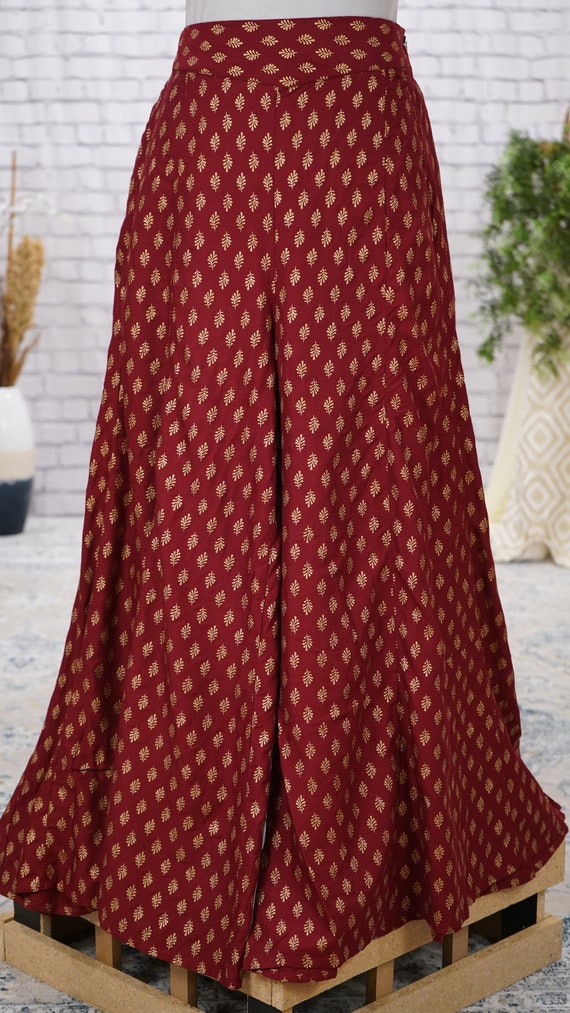 Maroon Gold Print Palazzo Pants Indian Women Bollywood Indian