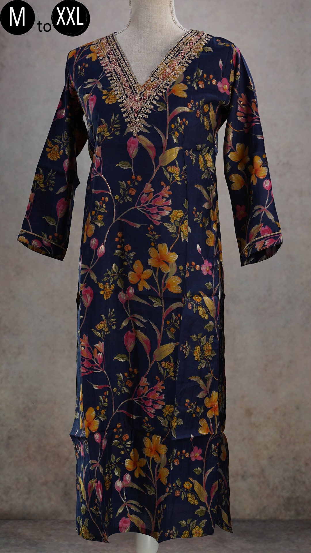 Folksong navy blue and pink kurti main image 1