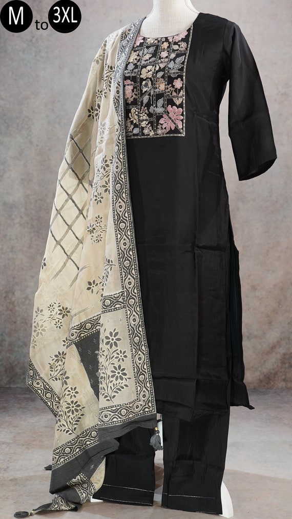 Black Roman Silk Embroidered Kurti Palazzo Beige Dupatta Set Indian Ethnic Women Festive Party Wear Silk Kurti Wedding Dress Kurta Etsy Australia
