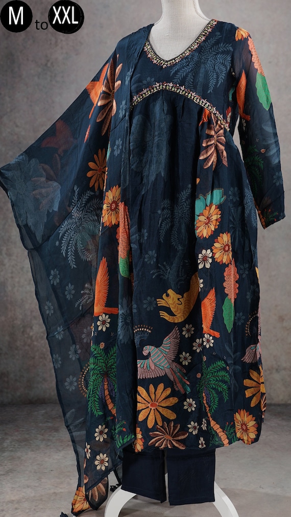 Alia Pure Chinon Navy Blue Floral Kurti Palazzo Dupatta No Slit set Indian Festive Formal Wear| Women Party Designer Kurthi | Naira Dress
