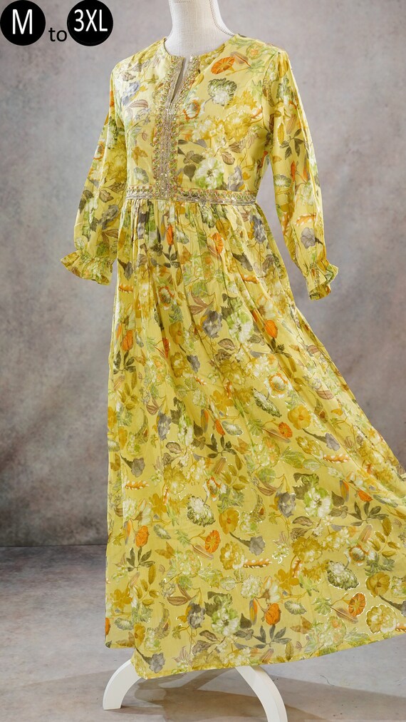 Yellow Green Mul Cotton Flary Floral Ethnic Long Dress Indian