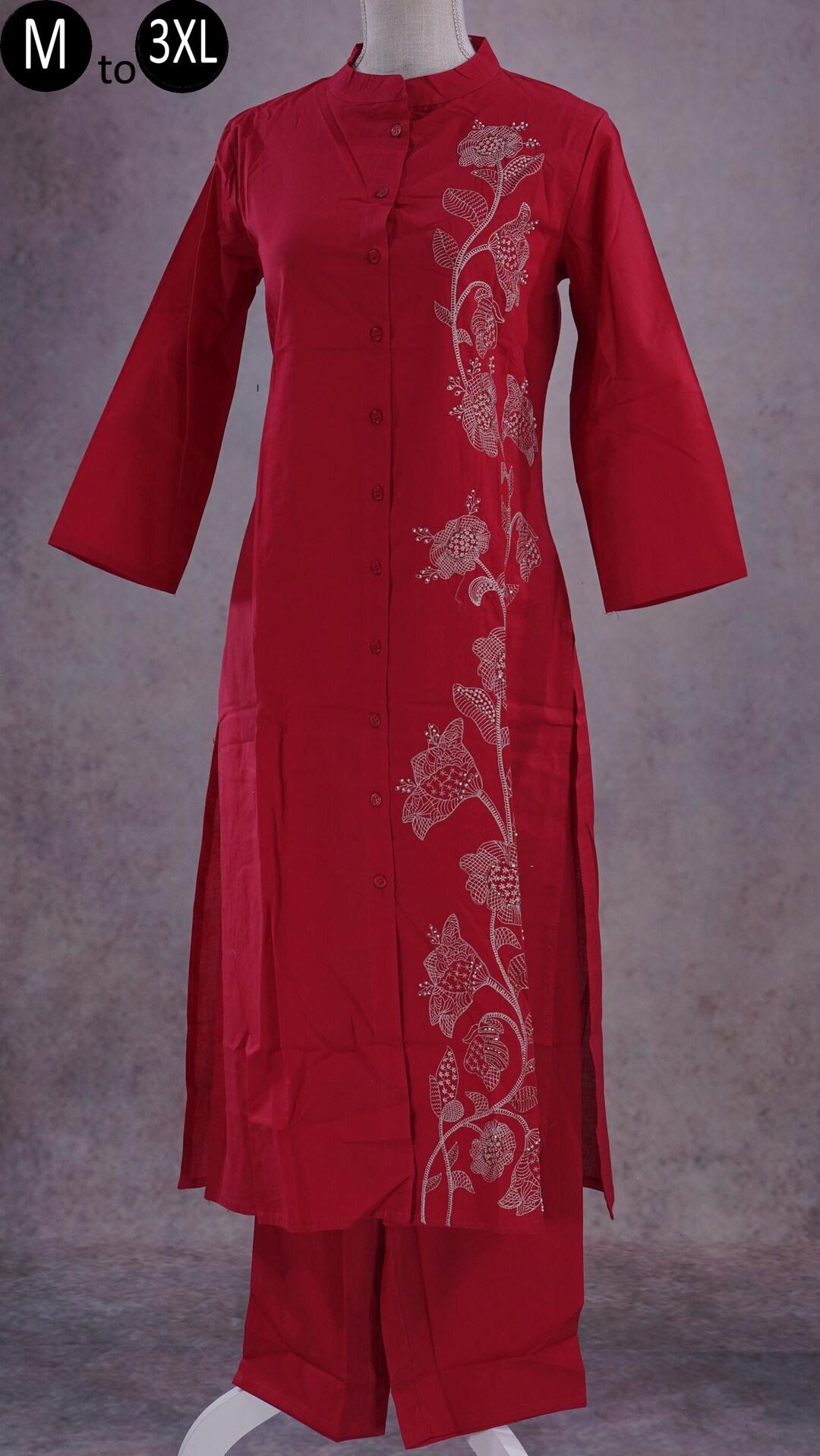 Red and white Embroidered solid kurta with palazzos
