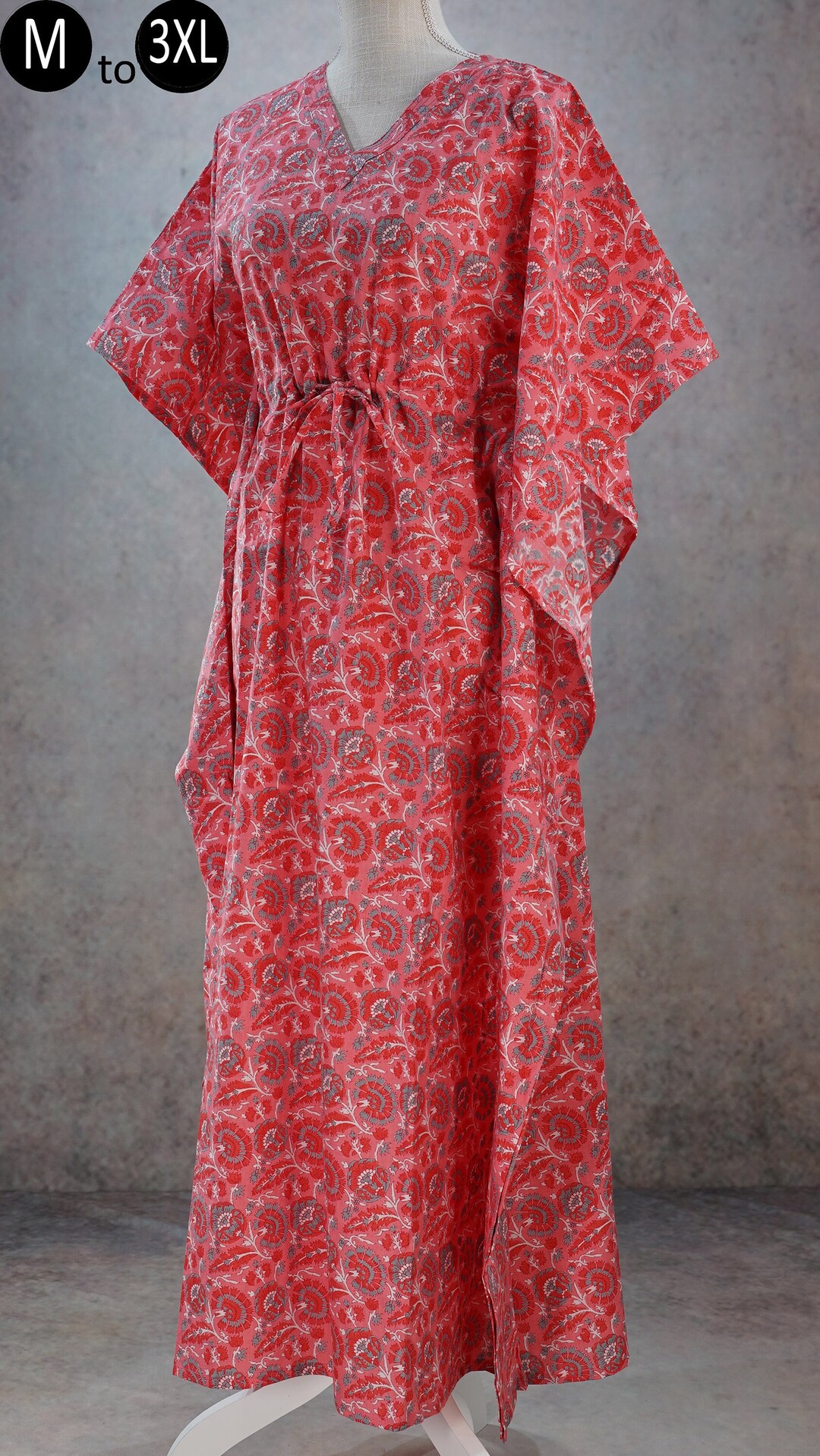 Cotton Night Gown Kaftan Vneck Ethnic Printed Long Dress, Indian Print