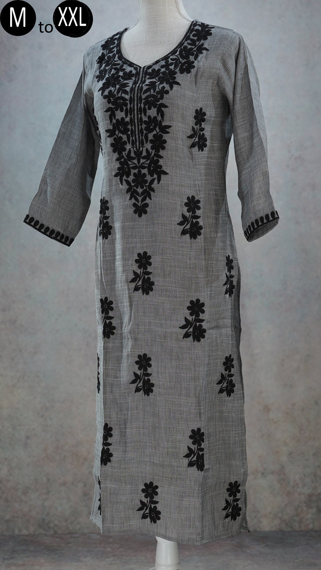 Linen Slub Gray Chikankari Embroidery Kurti Indian Pure Cotton Kurta ...