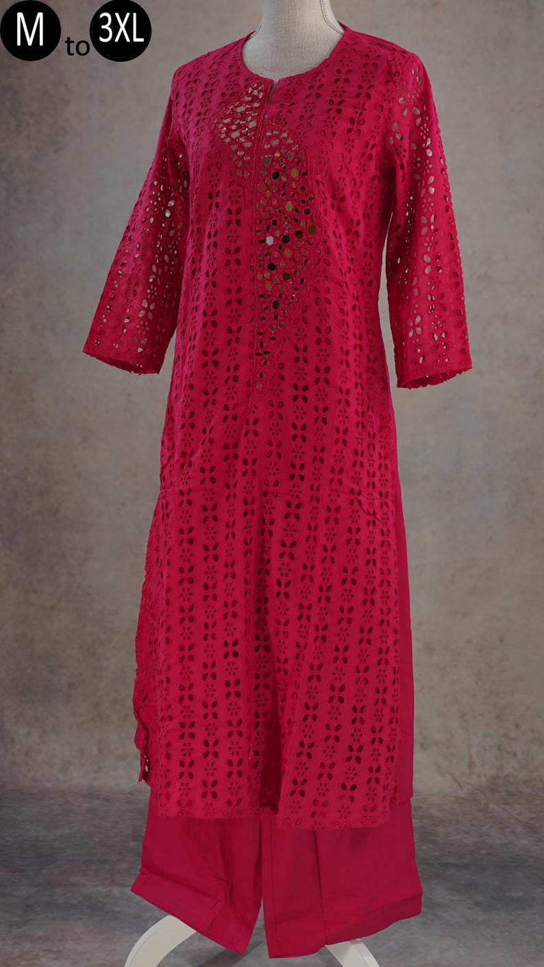 Hakoba Schiffli Cotton Rani Pink Eyelet Fabric A-line Pocket Coords ...