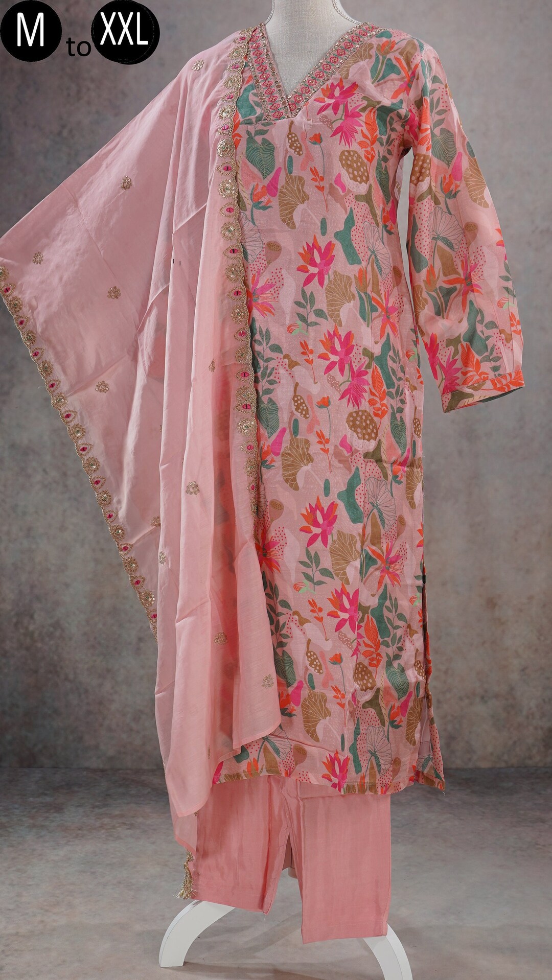Girls Yellow & Pink Embroidered Floral Printed Kurti With Palazzos