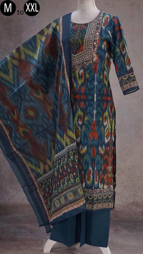 Cotton Blue Ikkat Print Kurta Pants Dupatta summer set | Indian Ethnic Wear | Women Kurta | Bollywood dress | Pakistani suit women