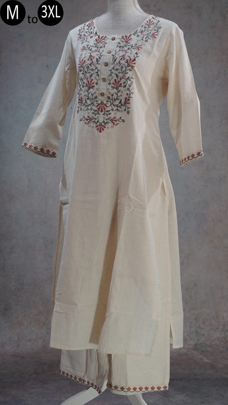 Conjunto Kurti Palazzo de algodón blanco roto puro Khadi / Kurta Salwar bordado / Ropa étnica india / Vestido bordado de algodón para mujer de talla grande imagen 1