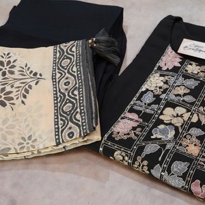 Black Embroidered Roman Silk 3-Piece Kurti Set with Organza Dupatta and Elasticated Pants