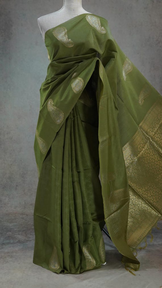 Benaras Semi Silk Olive Green Saree for Women Silk Borderless Sari for Indian Bride Wedding Sari Festive Party Bridal Zari Gold Sari