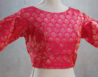 Hot Rani Pink Silk Blend Brocade ready-made blouse, Back open blouse No Padding, Indian Wedding blouse, Saree Blouse, Sari Blouse, Bollywood