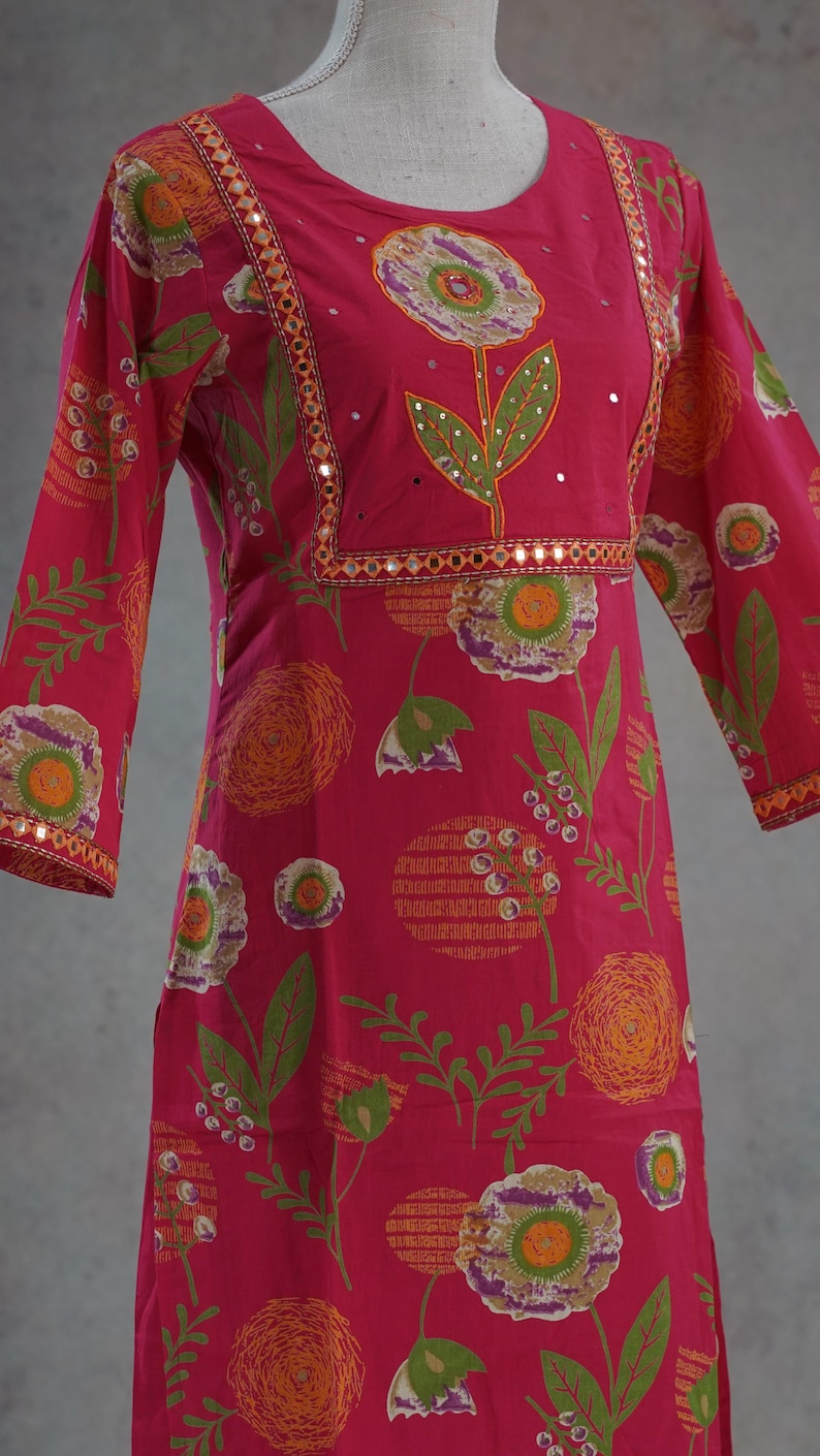 Salwar de algodón puro para mujer, conjunto de kurti de algodón, Rani, rosa, Kantha, bordado floral, informal, Salwar para niñas, ropa de verano india, conjunto de kurti palazzo imagen 9